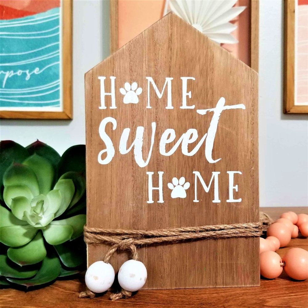 Home Sweet Home. Pet Pawprints. Wooden Sign Home Décor. Beaded Jute Twine. NWT.